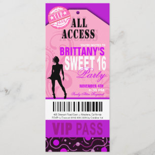 Invitation VIP Sweet 16 rose et violet Ticket Party