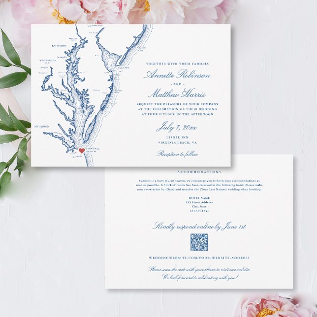 Invitation Virginia Beach tout-en-un code QR Mariage RSVP (Virginia Beach all-in-one QR code Wedding Invitation in elegant navy blue with details on the back)