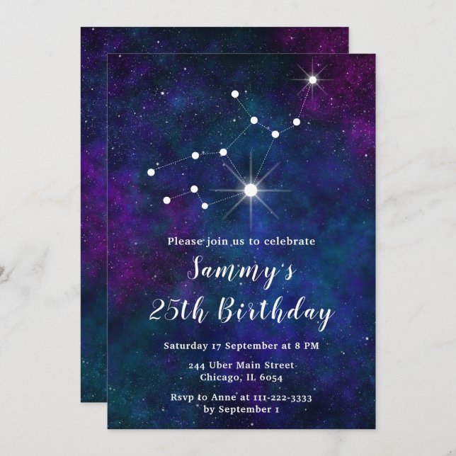 Invitation Virgo Zodiac Constellation fête d'anniversaire (Devant / Derrière)