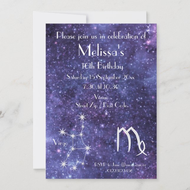 Invitation Virgo Zodiac Galaxy Party personnalisé (Devant)