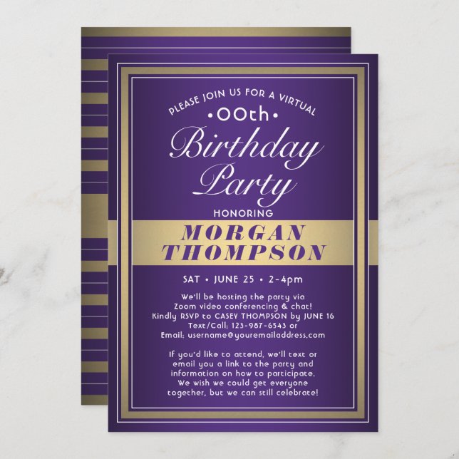 Invitation Virtual Any Anniversaire Purple Gold et White Part (Devant / Derrière)