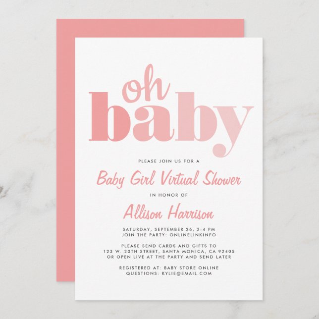 Invitation Virtual Baby Girl Douche Oh Baby Coral (Devant / Derrière)