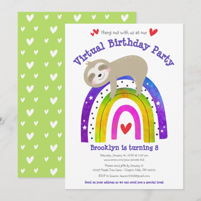 Invitation Virtual Birth Jote Sloth Boho Rainbow Modern (Devant / Derrière)
