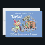 Invitation Virtual Birthday Party 50th Funny Cartoon Blue Men<br><div class="desc">Un personnage de bande dessinée avec micro, moniteur et caméra vidéo à l'aspect rétro, prêt pour une fête virtuelle de 50ème anniversaire sur Zoom, Skype, Meet etc plate-forme de réunion de groupe en ligne, sur arrière - plan bleu. Le texte peut être modifié de 50ème anniversaire à n'importe quel âge....</div>