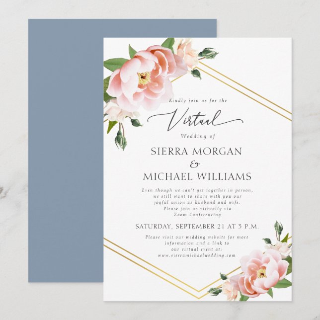 Invitation Virtual Blush Floral Gold Dusty Mariage bleu (Devant / Derrière)