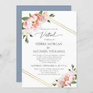 Invitation Virtual Blush Floral Gold Dusty Mariage bleu