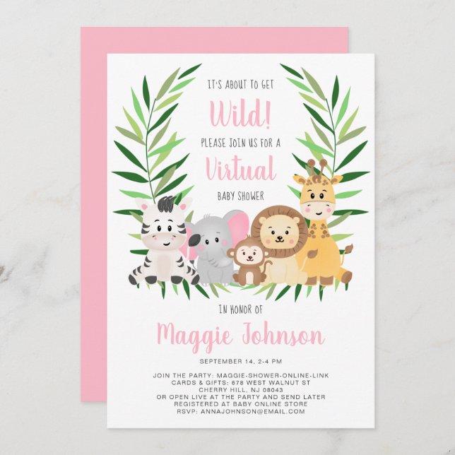 Invitation Virtual Get Wild Safari rose bébé fille douche (Devant / Derrière)