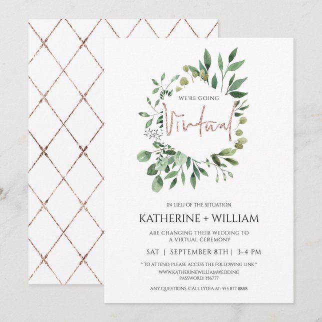 Invitation Virtual Gold Eucalyptus Greenery Mariage géométriq (Devant / Derrière)