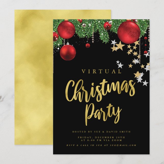 Invitation VIRTUAL Gold Red Black Christmas Holiday Party (Devant / Derrière)