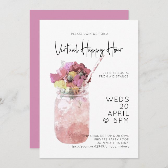 Invitation Virtual Happy Hour Party rose vif (Devant / Derrière)
