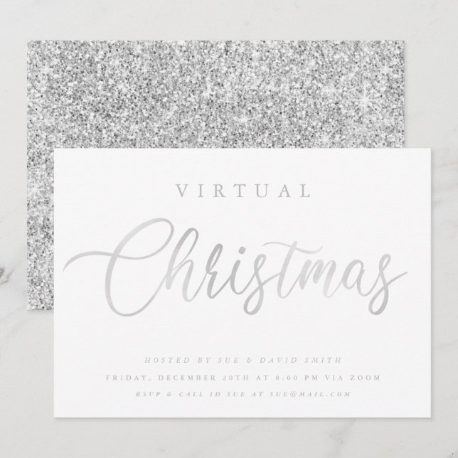 Invitation VIRTUAL Silver White Christmas Online Party (Devant / Derrière)