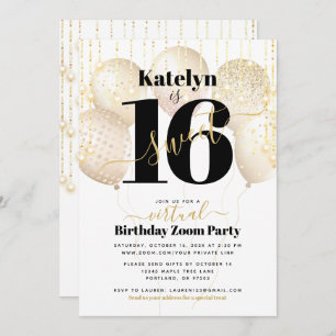 Invitation Virtual Sweet 16 Balloons or Glam fille anniversai