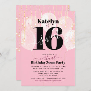 Invitation Virtual Sweet 16 Balloons rose Fille Anniversaire