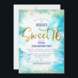 Invitation Virtual Sweet 16 Blue Watercolor Gold Anniversaire<br><div class="desc">Voici une excellente façon de faire en sorte que votre fille puisse encore célébrer son anniversaire avec tous ses amis. Envoyez cette incroyable invitation virtuelle personnalisée, moderne et étonnante pour un événement à retenir. Un arrière - plan d'aquarelle turquoise est superposé par des points de parties scintillant de confettis et...</div>