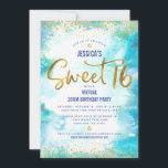 Invitation Virtual Sweet 16 Blue Watercolor Gold Anniversaire<br><div class="desc">Voici une excellente façon de faire en sorte que votre fille puisse encore célébrer son anniversaire avec tous ses amis. Envoyez cette incroyable invitation virtuelle personnalisée, moderne et étonnante pour un événement à retenir. Un arrière - plan d'aquarelle turquoise est superposé par des points de parties scintillant de confettis et...</div>