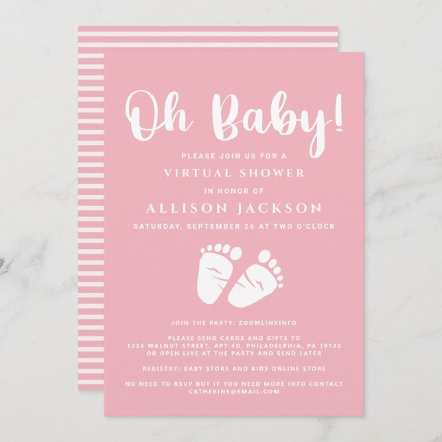 Invitation Virtuel Oh Baby Girl Shower Bébé Pieds Rose Blanc (Devant / Derrière)