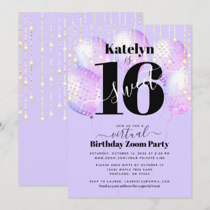 Invitation Virtuel Purple Sweet 16 Balloons Fille Anniversair