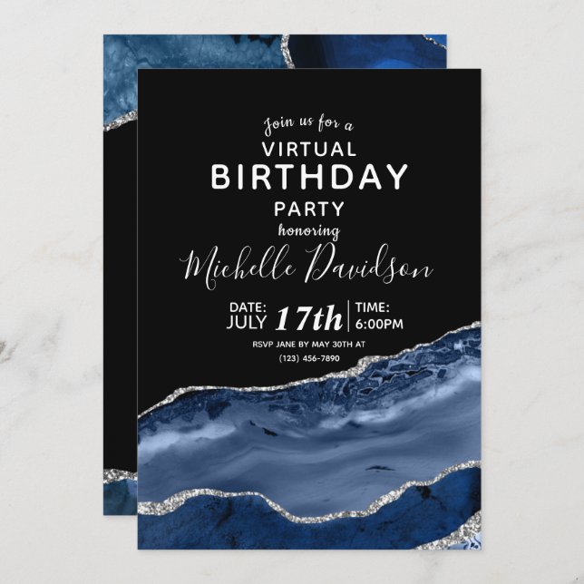 Invitation virtuelle d'anniversaire Bleu Nuit & Ar (Devant / Derrière)
