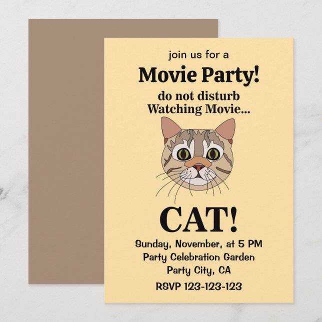 Invitation Visage de chat drôle Soirée cinéma (Devant / Derrière)