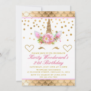 Invitation Visage de Licorne Fête d'Anniversaire Confettis Ro