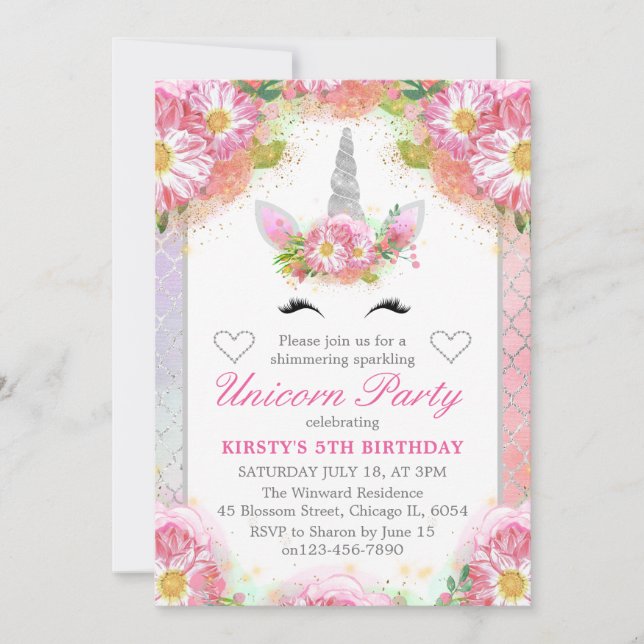Invitation Visage de Licorne & Fleurs Roses Fête d'anniversai (Devant)