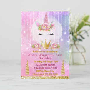 Invitation Visage de licorne mignonne Fleurs roses Fête d'ann