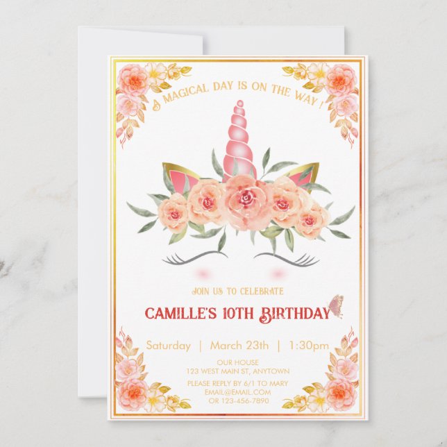 Invitation visage de licorne moderne avec florals fille anniv (Devant)