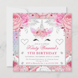 Invitation Visage de Licorne Rose Argent Fille Anniversaire