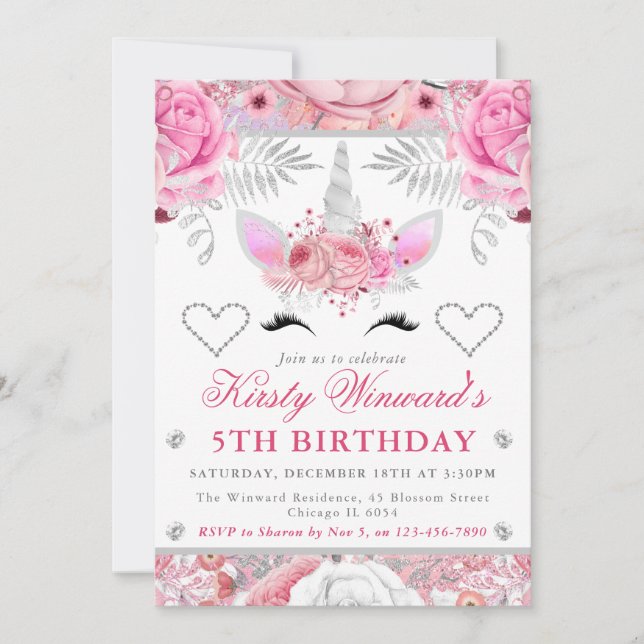 Invitation Visage de Licorne Rose Argent Fille Anniversaire E (Devant)