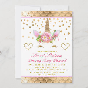 Invitation Visage de Licorne Rose Confettis Dorés Sweet 16