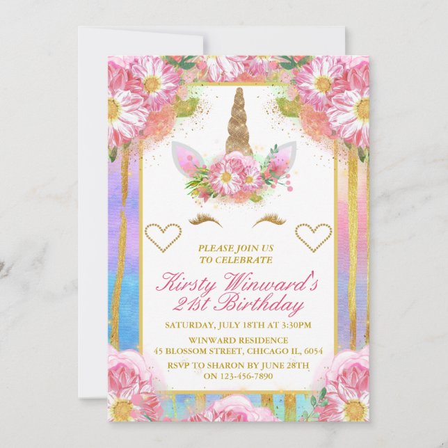 Invitation Visage de Licorne Rose Or Fête d'Anniversaire (Devant)