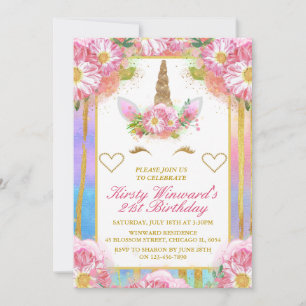 Invitation Visage de Licorne Rose Or Fête d'Anniversaire
