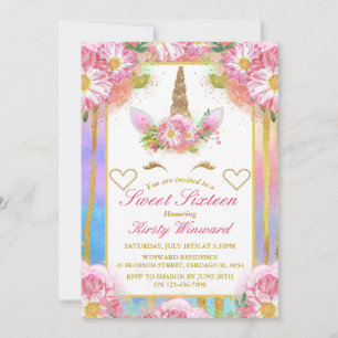 Invitation Visage de Licorne Rose Or Sweet 16