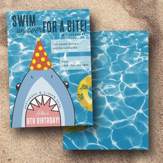 Invitation Visage de Requin Mignon dans la Fête d'Anniversair (Cute Shark Face in Ocean Kids Pool Birthday Party Invitation)