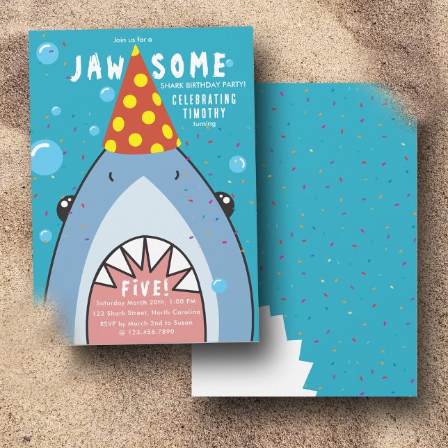 Invitation Visage de Requin Mignon dans l'Océan pour Annivers (Cute Shark Face in Ocean Kids Birthday Party Invitation)