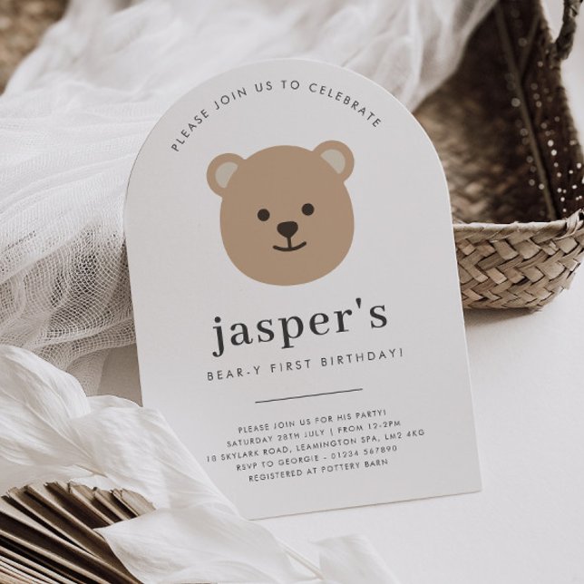 Invitation Visage d'ours en peluche pour premier anniversaire (Zazzle Teddy Bear Face Arched First Birthday Invitation)