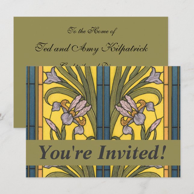 Invitation Vitrail Art Nouveau Fleur d'Iris Bleu Or (Devant / Derrière)
