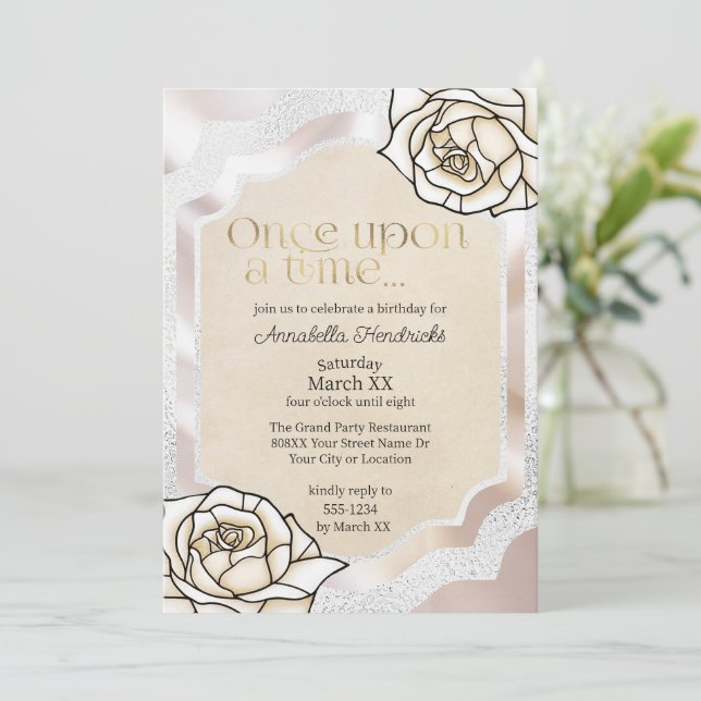 Invitation Vitraux de conte de fées Roses Blanches (Debout devant)