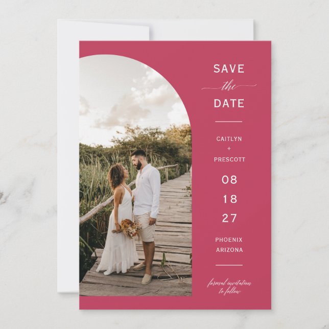 Invitation Viva Magenta Boho Arch Photo QR Code Enregistrer l (Devant)