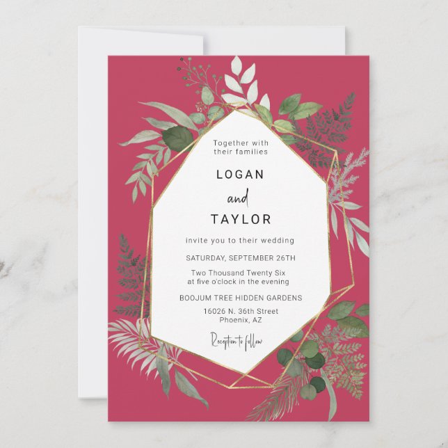 Invitation Viva Magenta Botanical Greenery Gold QR Code Photo (Devant)