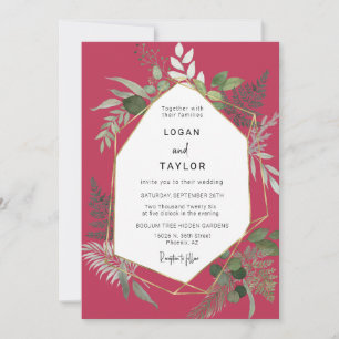 Invitation Viva Magenta Botanical Greenery Gold QR Code Photo