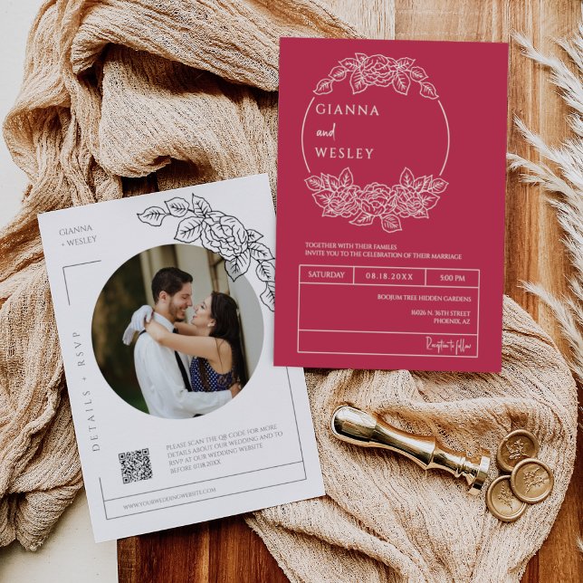 Invitation Viva Magenta Botanical Line Art QR Code Photo (Créateur téléchargé)