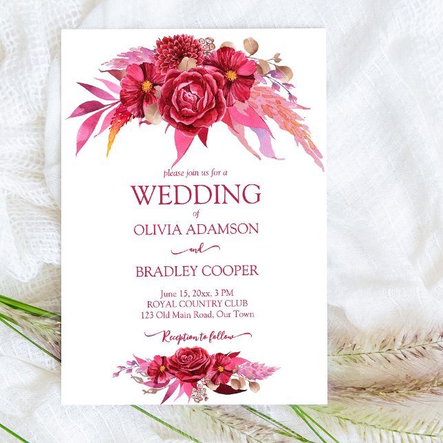 Invitation Viva magenta crimson fleurs bourgognes roses (Créateur téléchargé)