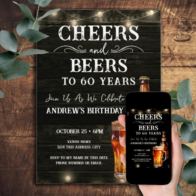 Invitation Vive et Bières Lumières de bar pour 60e anniversai (Créateur téléchargé)