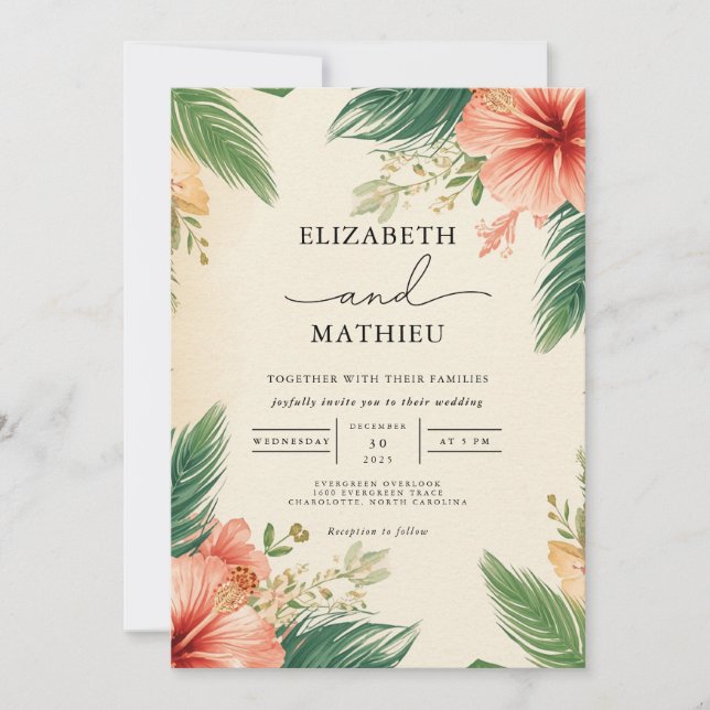 Invitation Vivid Hibiscus Palm Arch Mariage (Devant)