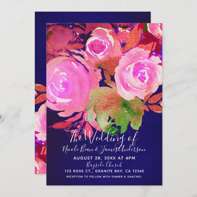 Invitation Vivid Purple Moderne Printemps Floral Bouquet Mari (Devant / Derrière)