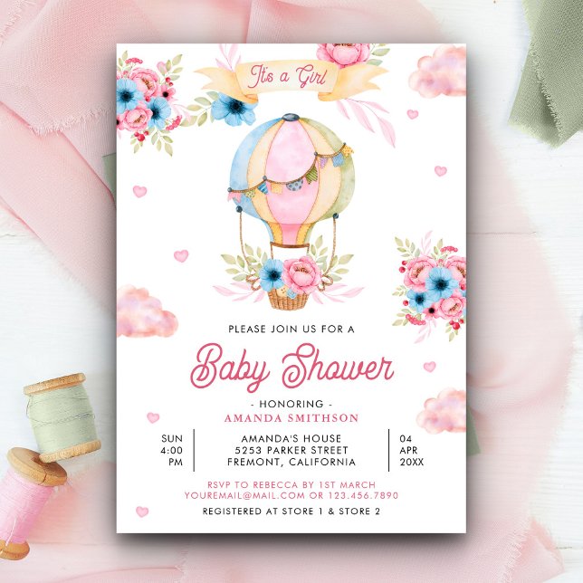 Invitation Vivid Rose Floral Hot Air Balloon Baby shower fill (Créateur téléchargé)