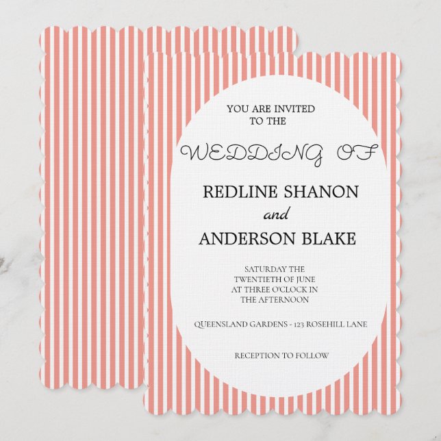 Invitation Vivid Tangerine   Blush Striped Elegant Wedding (Devant / Derrière)