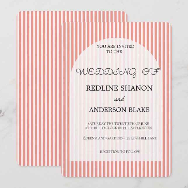 Invitation Vivid Tangerine   Blush Striped Elegant Wedding (Devant / Derrière)
