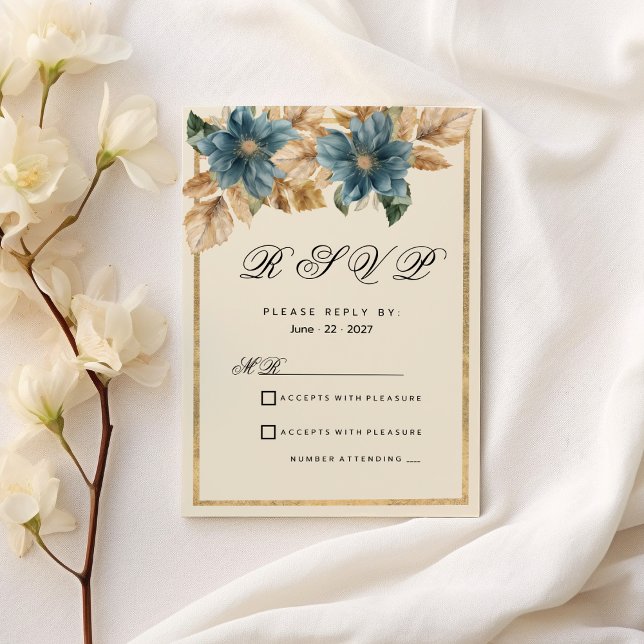 Invitation Vivoire bleu automne fleuron de printemps RSVP (Blue ivory gold fall spring floral RSVP )
